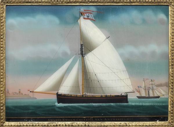 Achterglasschildering met de voorstelling van de sloep 'Zwarte Zwolm Courrier van Antwerpen', Petrus Cornelius Weyts, ca 1855, Collectie MAS via Wikimedia Commons, CC0 1.0