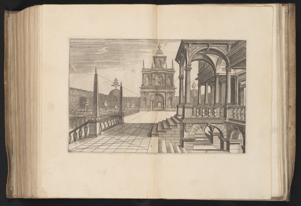 Pagina uit 'La très noble prespective …' van Hans Vredeman de Vries (1619), één van de oude wiskundige drukken. Flandrica.be | Universiteitsbibliotheek Gent