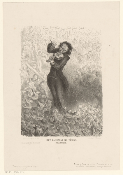 Vioolspelende man. Het Carnaval de Vénise. Phantasie, Alexander Ver Huell, 1848–1889. Publiek domein via Rijksmuseum