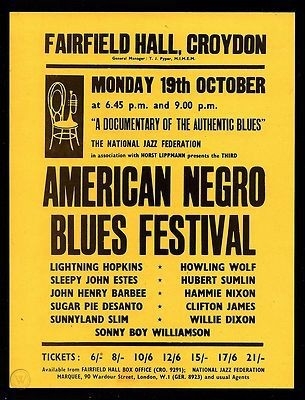 Affiche voor het American Blues Festival op maandag 19 oktober in Fairfield Hall, Croydon
