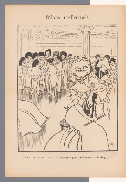 Karikatuur van dames met intellectuelen in een literaire salon. Caran d'Ache, 1898. Publiek domein via Rijksstudio