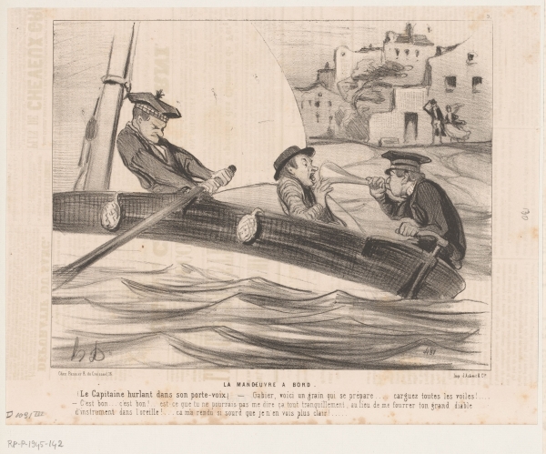 Kapitein communiceert met megafoon op zijn boot, Honoré Daumier, 1843. Publiek domein via Rijksstudio