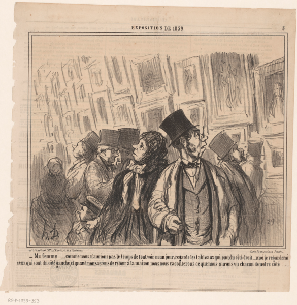 Rijksstudio: Echtpaar bekijkt ieder een andere wand van de tentoonstellingszaal, Honoré Daumier, 1859