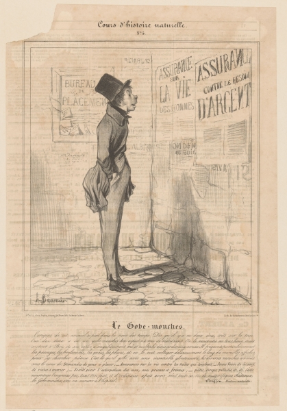 Jongeman leest affiches van verzekeraars, Honoré Daumier, 1837. Publiek domein via Rijksstudio