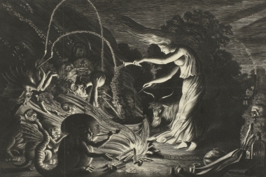Een heks bereidt een brouwsel in een pot. Het is nacht en er waait een harde wind. Voor haar zit een groep monsters. Gravure van de hand van Jan van de Velde (II), 1626. Publiek domein via Rijksstudio.