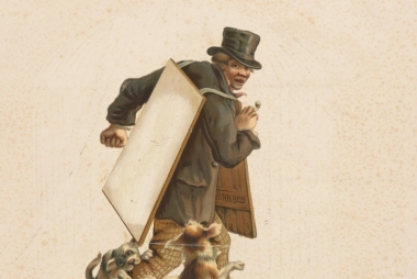 Sandwichman aangevallen door twee honden, anoniem, ca. 1850 - ca. 1900. Publiek domein via Rijksstudio.