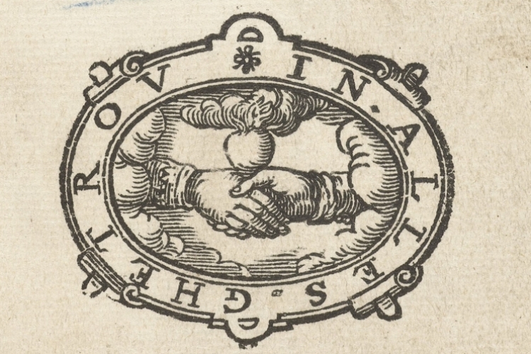 Handdruk - fragment van de titelpagina voor: Franciscus Lijftocht, Voor-winckel van patientie in den droeven tegenspoedt (…), 1679, dl. 1, anoniem, 1679. Publiek domein via Rijksstudio