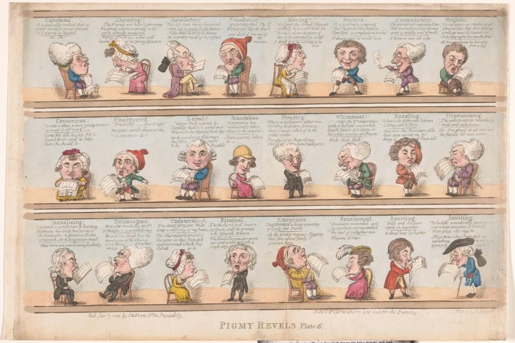 Vierentwintig karikaturen van mannen en vrouwen die de krant lezen. F. Sansom, after George Moutard Woodward, 1801. Publiek domein via Rijksstudio