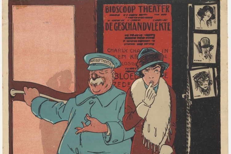 Ingang van een bioscoop met een vrouw en een portier, Henri Lankhout, naar Piet van der Hem, 1921. Publiek domein via Rijksstudio