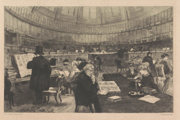 Illustratie: Leeszaal van het British Museum, Auguste André Lançon, 1869-1887. Publiek domein via Rijksstudio