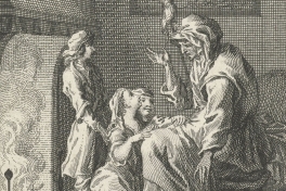 Oude vrouw met drie kinderen bij openhaard, Simon Fokke naar G. Edelinck, 1745. Publiek domein via Rijksstudio.